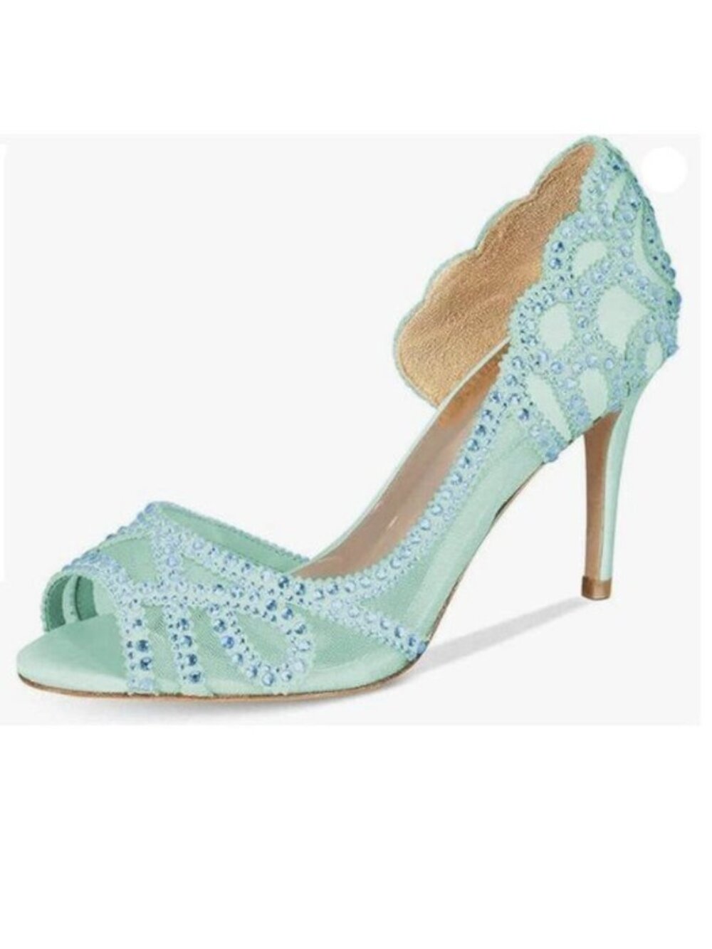 XYD Women Graceful Peep Toe Half D'Orsay Mesh Pumps Crystal Studded ,Green Heels